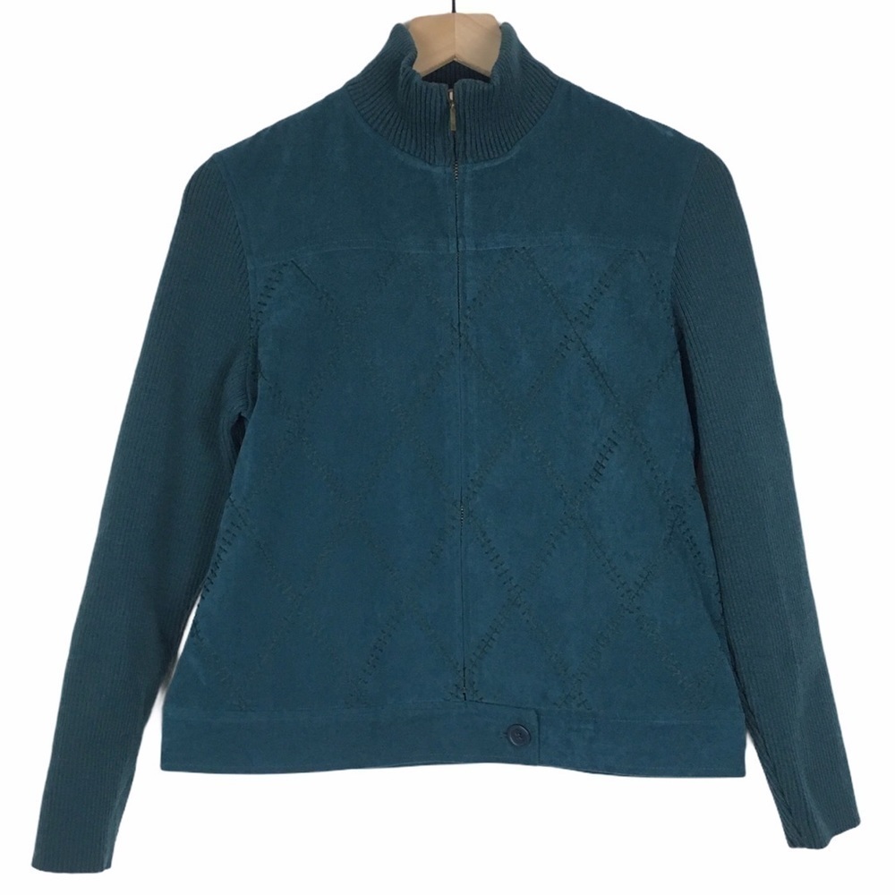 NORTON MCNAUGHTON Jacket Sweater Quilted Full Zip Ribbed Teal Petite Size 6P